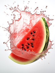 A Slice of Watermelon Falling on a White Background With a Splash of Water
