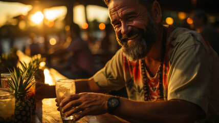 Senior Man Enjoying Sunset at Tropical Bar with Pineapples and Cold Drink - Relaxed Vacation Ambiance - Ideal for Leisure Travel Marketing - AI Generated