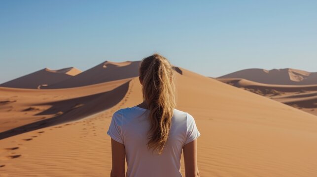 Woman from behind, looking at a vast desert landscape generative ai