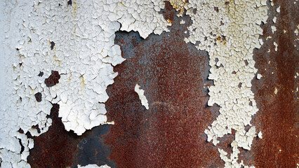 Fototapeta premium Rusted white painted metal wall. Rusty metal background with streaks of rust. Rust stains. The metal with white painted surface rusted cracks.metal rust texture background.