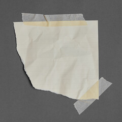 Rule torn paper with adhesive tape, scraps of paper on sticky tape, gray background.