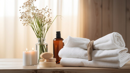 Fototapeta na wymiar Towels with herbal bag and beauty treatment items in spa room