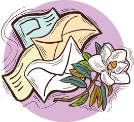 Romantic letter, flowers and mail envelop. Decorative vector elements for discount poster, sale banner, birthday cart, wedding party invitation. Hand drawn illustration, retro style drawing.