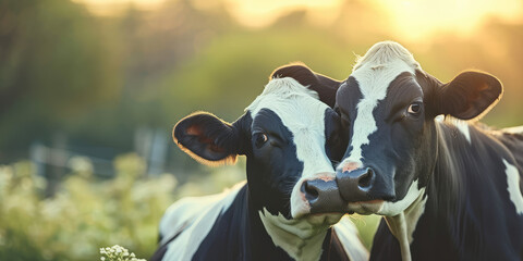 Affectionate Embrace of Black and White Cows. Close-up portrait of two black and white cows snuggling together in a field, showcasing a tender moment of farm animal affection. - Powered by Adobe