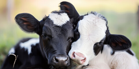 Affectionate Embrace of Black and White Cows. Close-up portrait of two black and white cows snuggling together in a field, showcasing a tender moment of farm animal affection.
