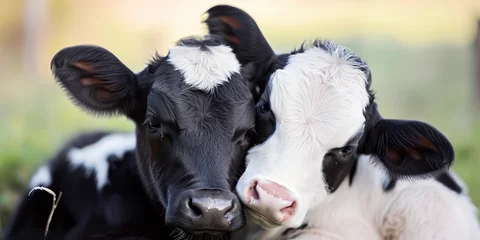 Ingelijste posters Affectionate Embrace of Black and White Cows. Close-up portrait of two black and white cows snuggling together in a field, showcasing a tender moment of farm animal affection. © SnowElf