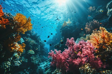 Obraz na płótnie Canvas Underwater coral reef teems with marine life, surface view