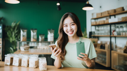 Eco-friendly containers for storing green consumer shop net zero waste store asian seller retail home office shop. Small SME owner young adult woman Gen Z people happy smile pride look at camera - obrazy, fototapety, plakaty