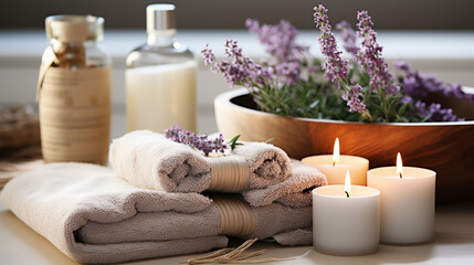 Fototapeta na wymiar Towels with herbal bag and beauty treatment items in spa room