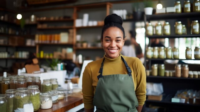 Eco-friendly Containers For Storing Green Consumer Shop Net Zero Waste Store African Seller Retail Home Office Shop. Small SME Owner Young Adult Woman Gen Z People Happy Smile Pride Look At Camera