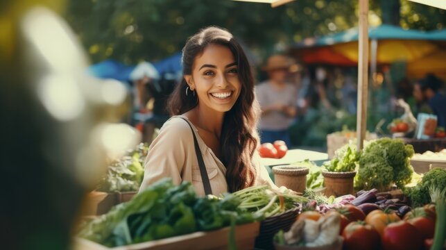 Happiness Female Store Owner Vendor Selling Healthy Products At Greenmarket, Showing Natural Bio Fruits And Veggies At Local Farmers Market. Smiling Woman Preparing To Sell Eco Friendly Food Product