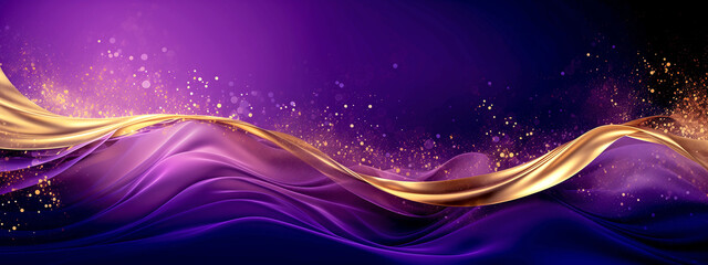 Golden Flowing Wave with Golden Splashes on Purple Background	