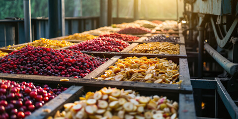 Assorted Fruits in Electric Dehydrator. Sliced bananas, apricots, cherries in an electric drying machine for dehydration, capturing the process of preserving fruits, nobody.