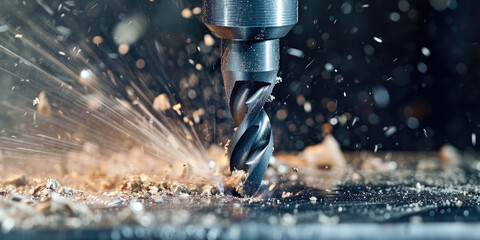 Dynamic Drilling Action Close-up. Intense close-up of a drill bit piercing through metal, with vibrant wood shavings and dust particles captured in mid-air.