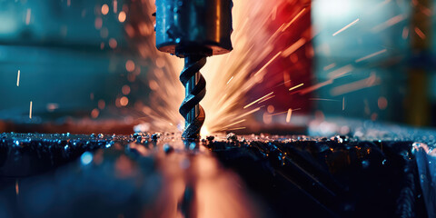 Dynamic Drilling Action Close-up. Intense close-up of a drill bit piercing through metal, with vibrant wood shavings and dust particles captured in mid-air. - obrazy, fototapety, plakaty