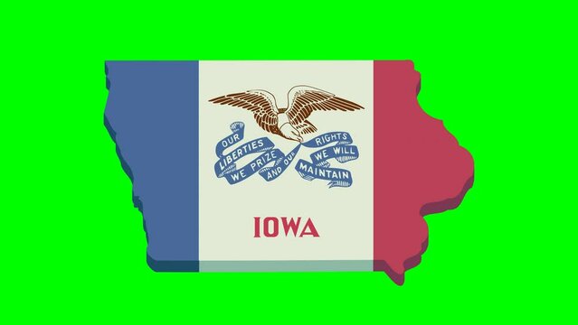 Animation of the appearance of the American state of Iowa in the colors of the Iowa flag on a green background, transparent background, with alpha channel (flat design)