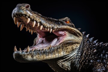Crocodile with open mouth and sharp teeth.