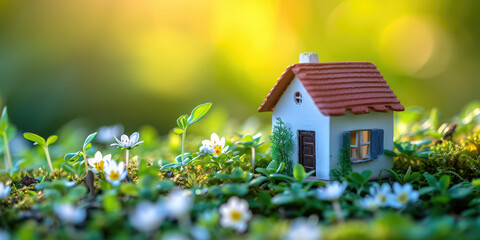 Fairy Tale Miniature House in Spring Garden. Toy house nestled in a lush green garden. Banner with copy space for favorable mortgages.