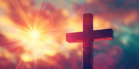Heavenly Light Behind Christian Cross. Silhouette of a Christian cross against a vibrant golden sunset with heavenly rays of light, symbolizing hope and faith, copy space, banner.
