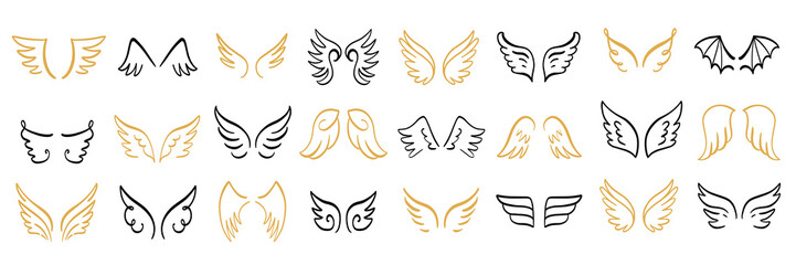 Heraldic Angel wings vintage set. Hand drawn logo