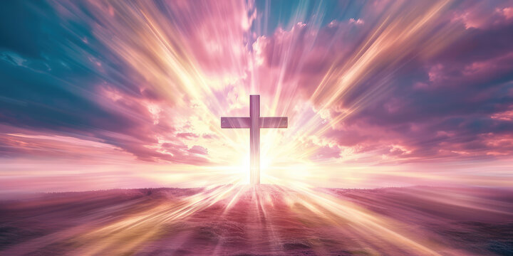 Heavenly Light Behind Christian Cross in a sky. Silhouette of a Christian cross against a vibrant sunset with heavenly rays of light, symbolizing hope and faith, copy space, banner.