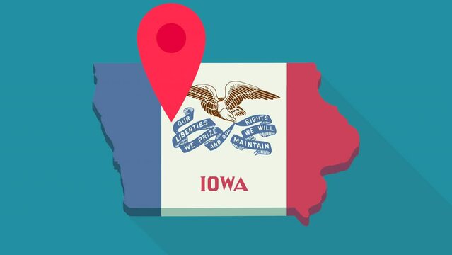 Looped animation of a red location marker bouncing on the 3D map of Iowa in the colors of the Iowa state flag on blue background, green background, transparent background, alpha channel (flat design)
