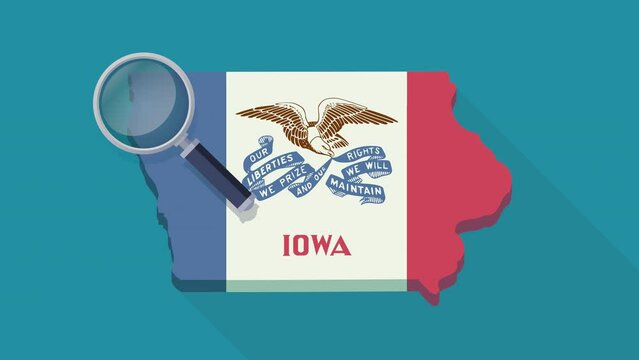 Loop animation of a magnifying glass looking over the 3D map of Iowa in the colors of the flag of the state of Iowa on a blue background, a transparent background, alpha channel (flat design style)