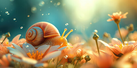 Obraz na płótnie Canvas Snail's Serene Slumber Among Blooming Flowers. Snail nestled in vibrant blooming flowers, with a dreamy, soft-focus backdrop and a magical play of light.