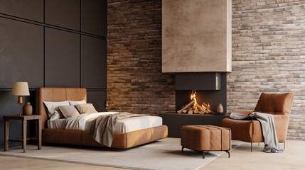 Modern loft bedroom with fireplace, brick wall, and cozy bed with pillow and coverlet. - obrazy, fototapety, plakaty