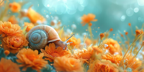 Obraz na płótnie Canvas Snail's Serene Slumber Among Blooming Flowers. Snail nestled in vibrant blooming orange flowers, with a dreamy, soft-focus backdrop and a magical play of light.