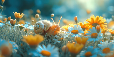 Fototapeta na wymiar Snail's Serene Slumber Among Blooming Flowers. Snail nestled in vibrant blooming orange flowers, with a dreamy, soft-focus backdrop and a magical play of light.