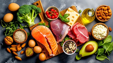 Fotobehang Ingredients for cooking. Lettuce, tomatoes, vegetables are fresh and healthy. Salmon fillet, meat, nuts. Keto diet  © PETR BABKIN