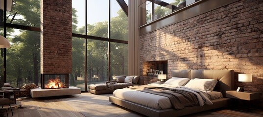 Cozy bedroom with bed, pillow, coverlet, fireplace, and brick wall in modern loft interior design