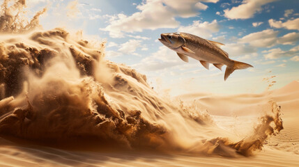 Arid Escape: The Fish's Challenge in a Climate Crisis - obrazy, fototapety, plakaty