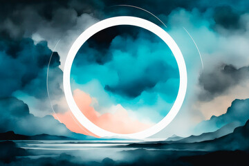 Abstract background with glowing circle over beautiful with magical clouds, futuristic landscape.