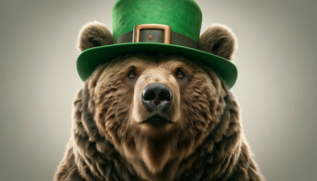 bear the stock market mascot leprechauns wearing a green cylinder on saint patrick's day