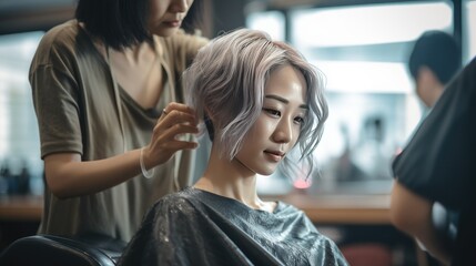 Hairdresser working on haircut and hairstyle for client at beauty salon, trendy hairs designs