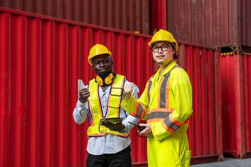 Black and Asian container male workers working in container shipping yard, import export global logistic concept