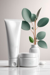 Different cosmetic bottles and container, cosmetics with eucalyptus background.