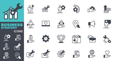 Business Strategy Icons set. Solid icon collection. Vector graphic elements, Icon Symbol, Innovation, Contemplation, Strategy, Creativity