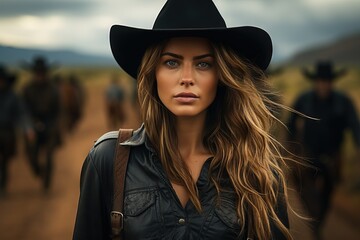 woman with long hair and a hat stands in front of horses
