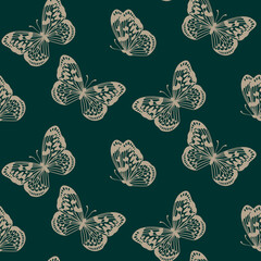 Seamless vector monarch butterflies pattern for wallpaper and gift paper. Gold Butterfly on emerald green background print. Fashionable insect retro background for fabric, textile, design, banner