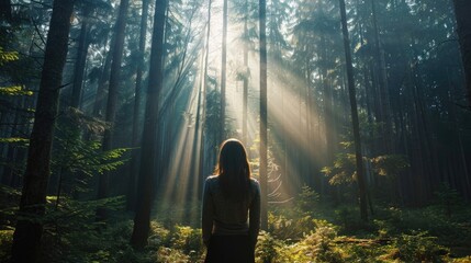 Woman facing away, standing in a dense forest with sunlight filtering through the tall trees generative ai - obrazy, fototapety, plakaty