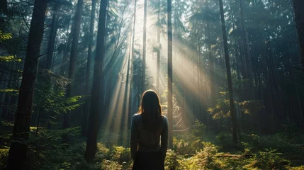 Fotobehang Woman facing away, standing in a dense forest with sunlight filtering through the tall trees generative ai © ThisDesign