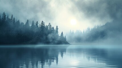 foggy landscape of mountains trees and lake - obrazy, fototapety, plakaty
