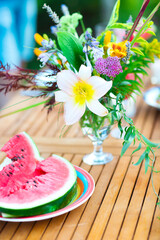 Summer outdoor party with watermellon and lemonade