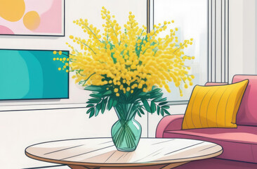Bouquet of mimosa in a vase in an interior with