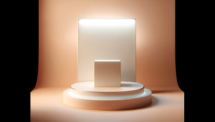 images of a modern, minimalist product display podium set in a soft sky environment, illuminated by ambient light. The design is clean, contemporary, and inviting, perfect for showcasing premium produ