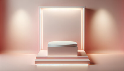 mages of a modern, minimalist product display podium set in a soft pink environment, illuminated by ambient light