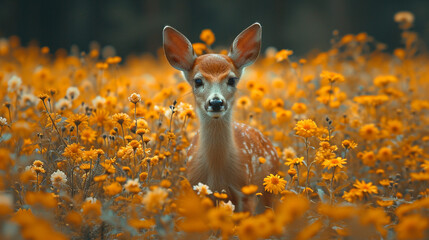 deer wild animal surrounded by beautiful flowers and foliage - obrazy, fototapety, plakaty